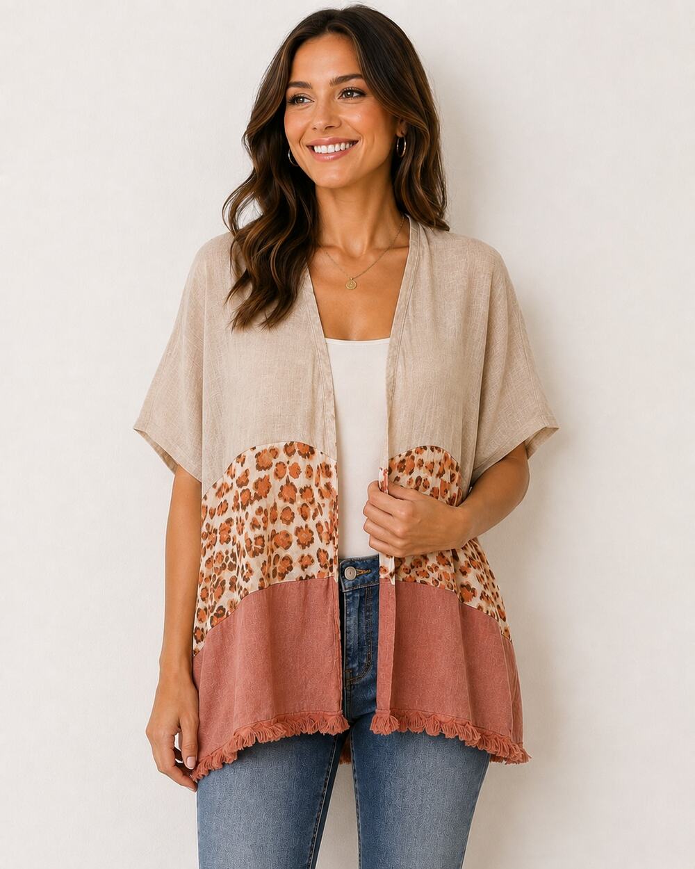 Umgee Open Kimono Womens Size M/L Peach Tan Animal Print Colorblock Boho Topper
